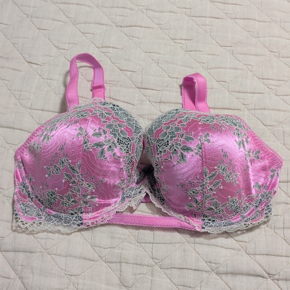 Victoria's Secret Dream Angles Lined Demi Pink and Gray Lace Bra